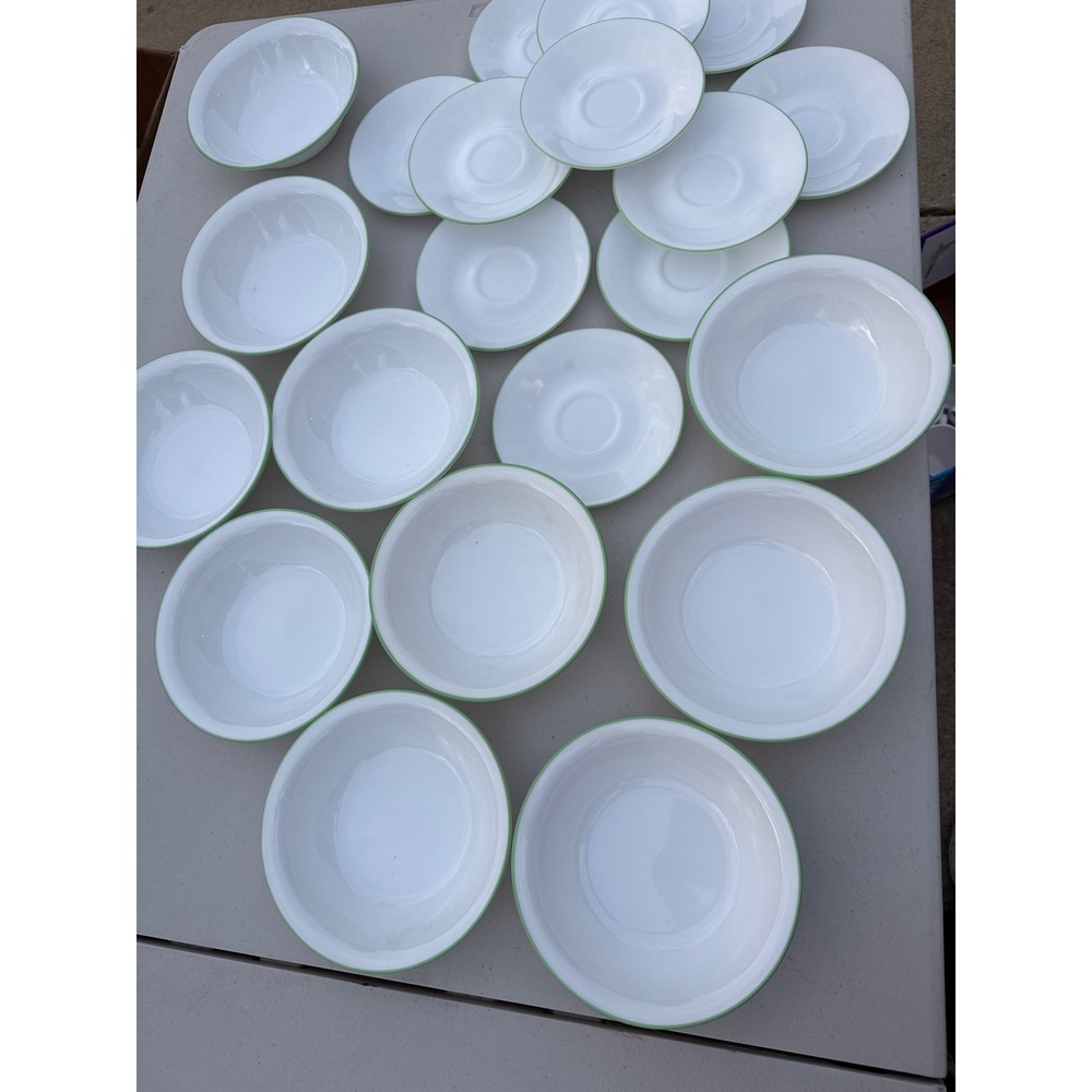 Corelle by Corning Green Rim White Vitrelle Bowls and Saucers Set 18 Piece